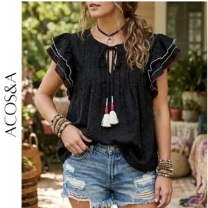 Black Flutter-Sleeve Eyelet Tassel Blouse